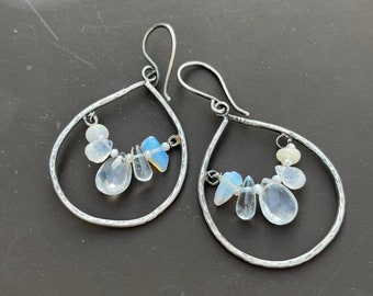 Rustic Teardrop Moonstone Earrings: Sterling Silver Opal Pearl