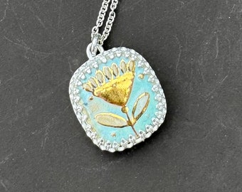 Sterling silver flower necklace, pendant necklace, silver and gold necklace, silver flower necklace, blue