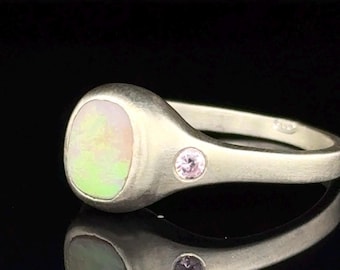 Pink Opal Ring: Sterling Silver, Matte Finish, Zircon Accents, Size 9.5