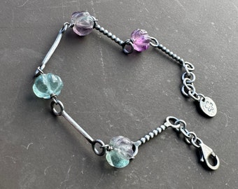 Sterling silver 925 oxidised carved fluorite beads bracelet, silver oxidized bracelet, rustic bracelet, gift for her, silver bracelet