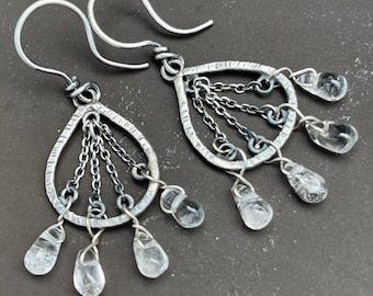 925 sterling silver crystal earrings, transparent crystal earrings, ice quartz earrings, hammered earrings, oxidised jewelry
