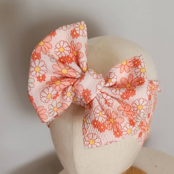 Daisy Flower Knit Hair Bow - Headwrap - Clip - Pigtail Bows - Headband - Boho - Pastel - Pink - Hippie - Floral - Flower Power - Summer