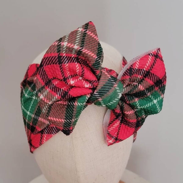 Red & Green Plaid Knit Hair Bow - Headwrap - Clip - Pigtail Bows - Headband - Holiday - Xmas - Tartan - Winter - Christmas - White