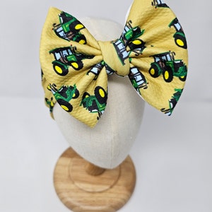 Farm Tractor Knit Hair Bow - Headwrap - Clip - Pigtail Bows - Headband - Green - Yellow - Farming - Crops - Birthday - Theme - Birthday