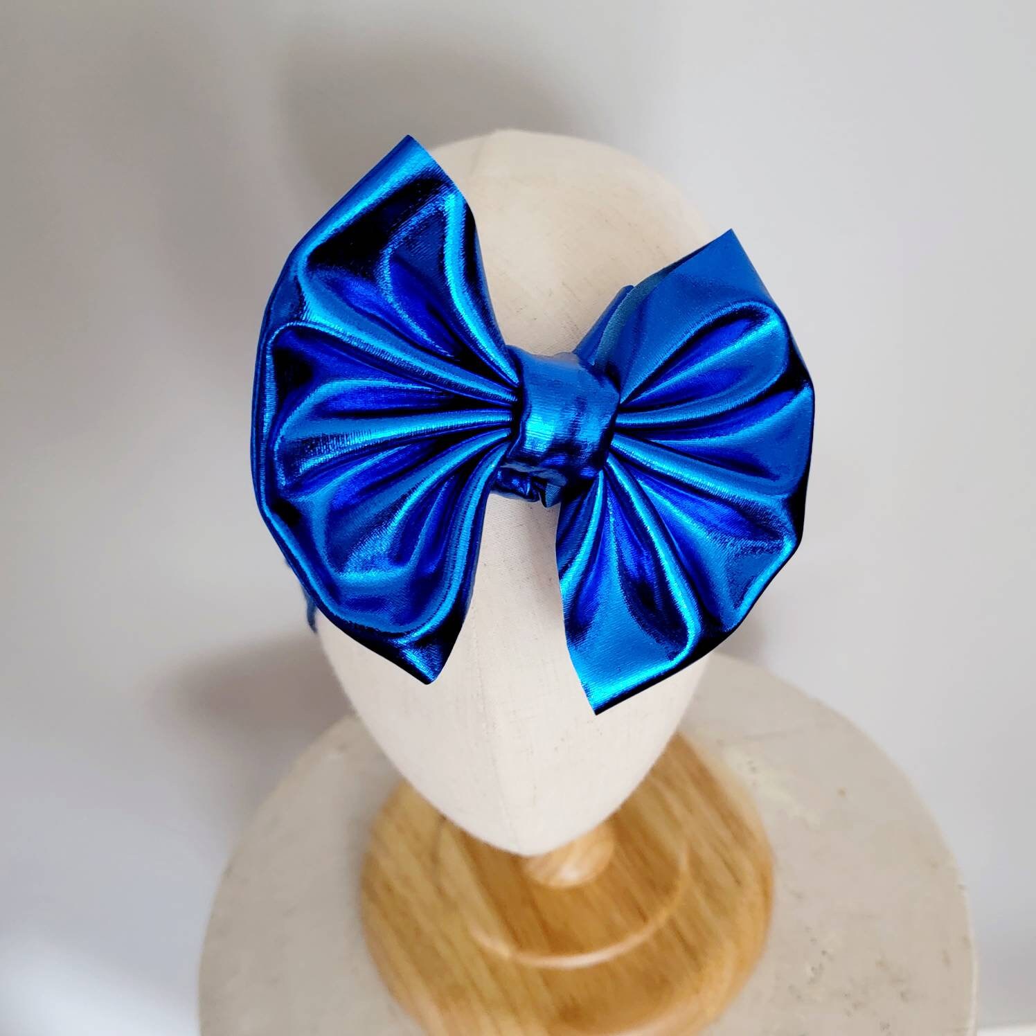 Royal Blue Metallic Knit Hair Bow Headwrap Clip Pigtail Bows Head Shiny ...