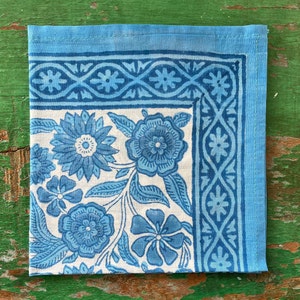 Blue Sunflower Handkerchiefs Hand Block Printed on Organic Cotton