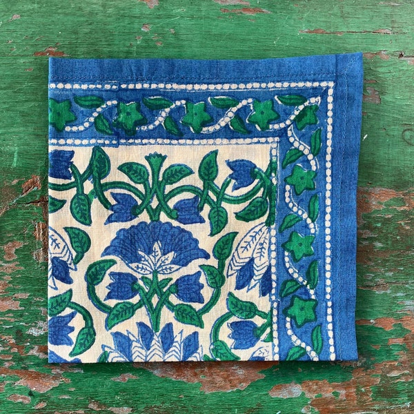 Half Blue Lotus Handkerchiefs Hand Block Printed on Organic Cotton