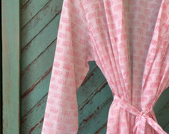 Dressing Gown/ Robe Hand Block Printed on Organic Cotton ~ Pink Elephant