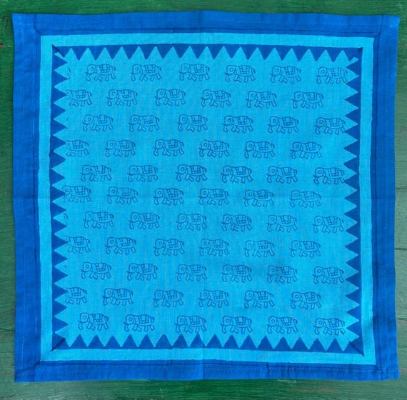 Blue/Blue  Elephant Hankies Hand Block Printed on Organic Cotton