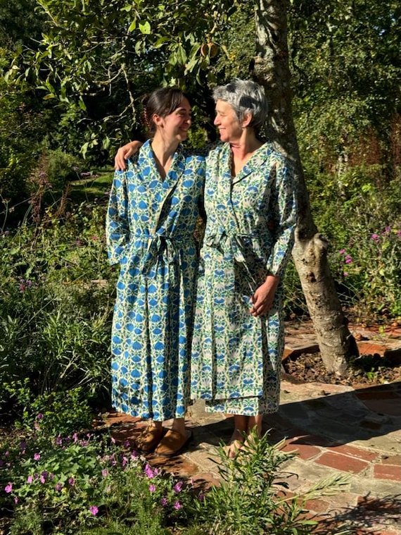 Dressing Gown/ Robe Hand Block Printed on Organic Cotton ~ Blue Lotus