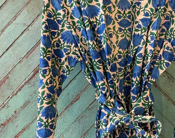 Dressing Gown/ Robe Hand Block Printed on Organic Cotton ~ Blue Lotus