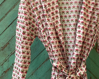 Dressing Gown/ Robe Hand Block Printed on Organic Cotton ~ Pink Butti