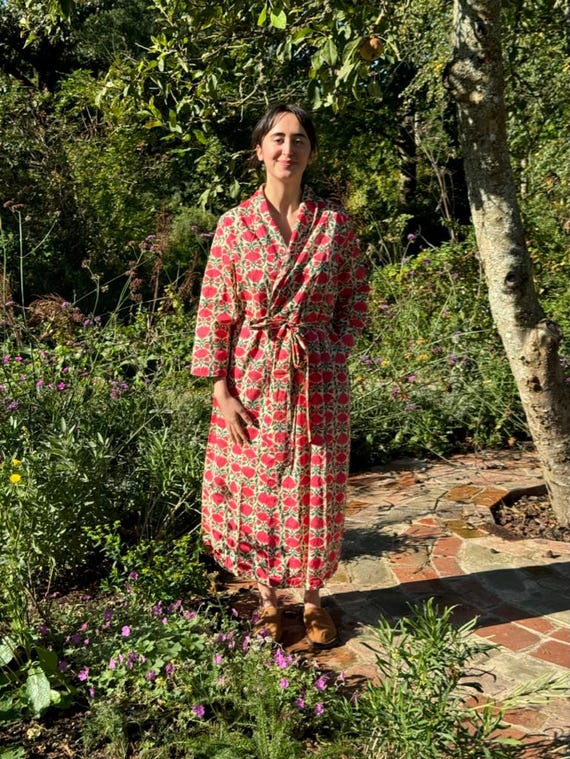 Vestaglia/accappatoio stampato a mano su cotone biologico Red