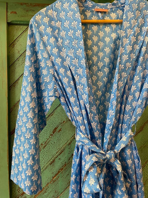 Dressing Gown Robe Hand Block Printed on Organic Cotton Blue Chameli Etsy
