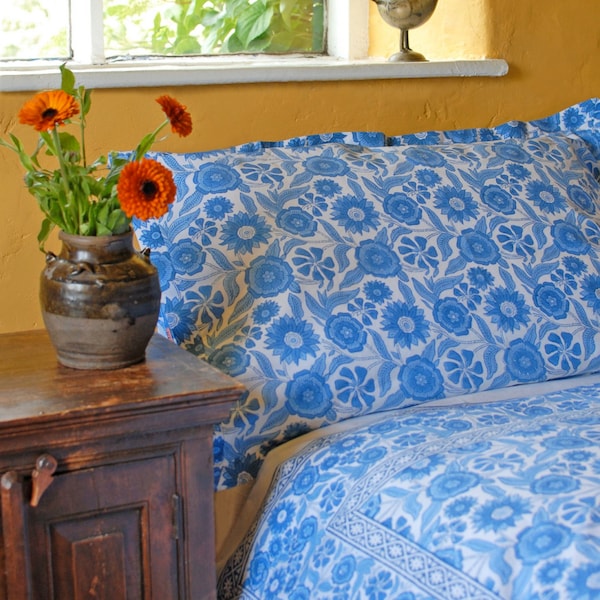 Blue Sunflower Duvet Cover Hand Block Printed on Organic Cotton
