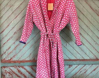 Quilted Dressing Gown/ Robe Hand Block Printed on Organic Cotton