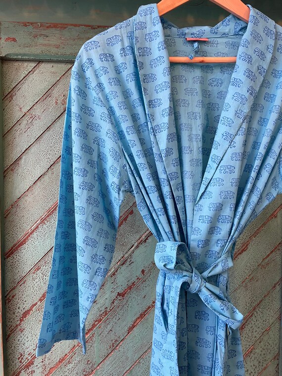 Dressing Gown Robe Hand Block Printed on Organic Cotton Blue Blue Elephant