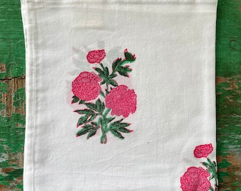Pink Peony Handkerchief Hand Block Printed on Organic Cotton