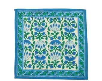 Pañuelo de media flor de loto azul estampado a mano en algodón orgánico