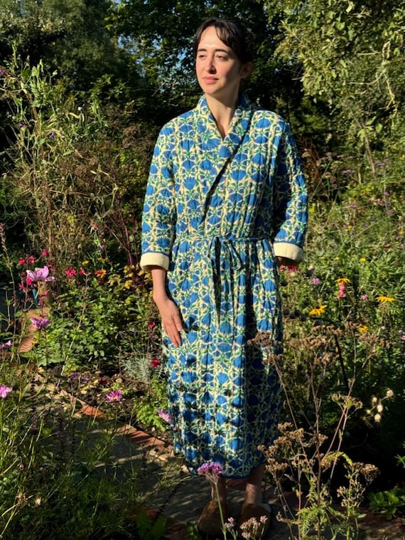 cotton quilted dressing gown Quilted Dressing Gown/ Robe Hand Block Printed on Organic Cotton
