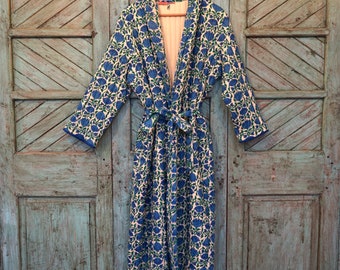 Quilted Dressing Gown/ Robe Hand Block Printed on Organic Cotton