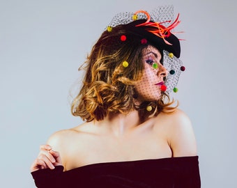 Fashionable full veil fascinator, event hat, sculpture felt headpiece - Strawberry