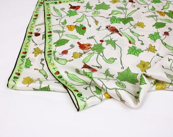 Pure Silk Artistic Scarf, Garden Theme Silk Women Wrap, Original Design, Illustration Silk Scarf
