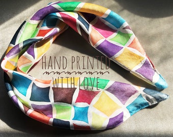 Hand Painted 100% Silk scarf,  Rainbow Colour Harlequin Pattern, UK Designer Made