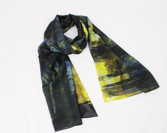 Silk Long Scarf,  Silk Abstract Painting Wrap,  Silk & Cotton Shawl, Luxury Women Head Wrap