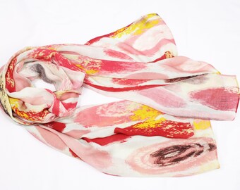 Abstract Painting Silk Long Scarf, Luxury Women Pashmina, Silk Wool Blended Shawl, Lady's Wrap
