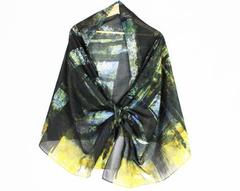 Silk Long Scarf,  Silk Abstract Painting Wrap,  Silk & Cotton Shawl, Luxury Women Head Wrap