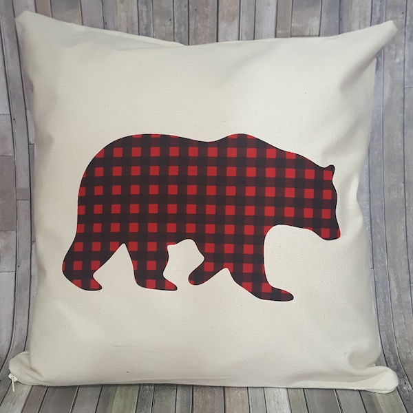 Bear 16x16 inch pillow cover black and red buffalo check/red and black buffalo plaid