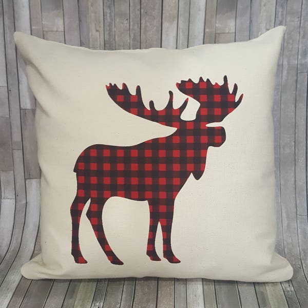 Moose 16x16 inch pillow cover black and red buffalo check/white and black buffalo plaid