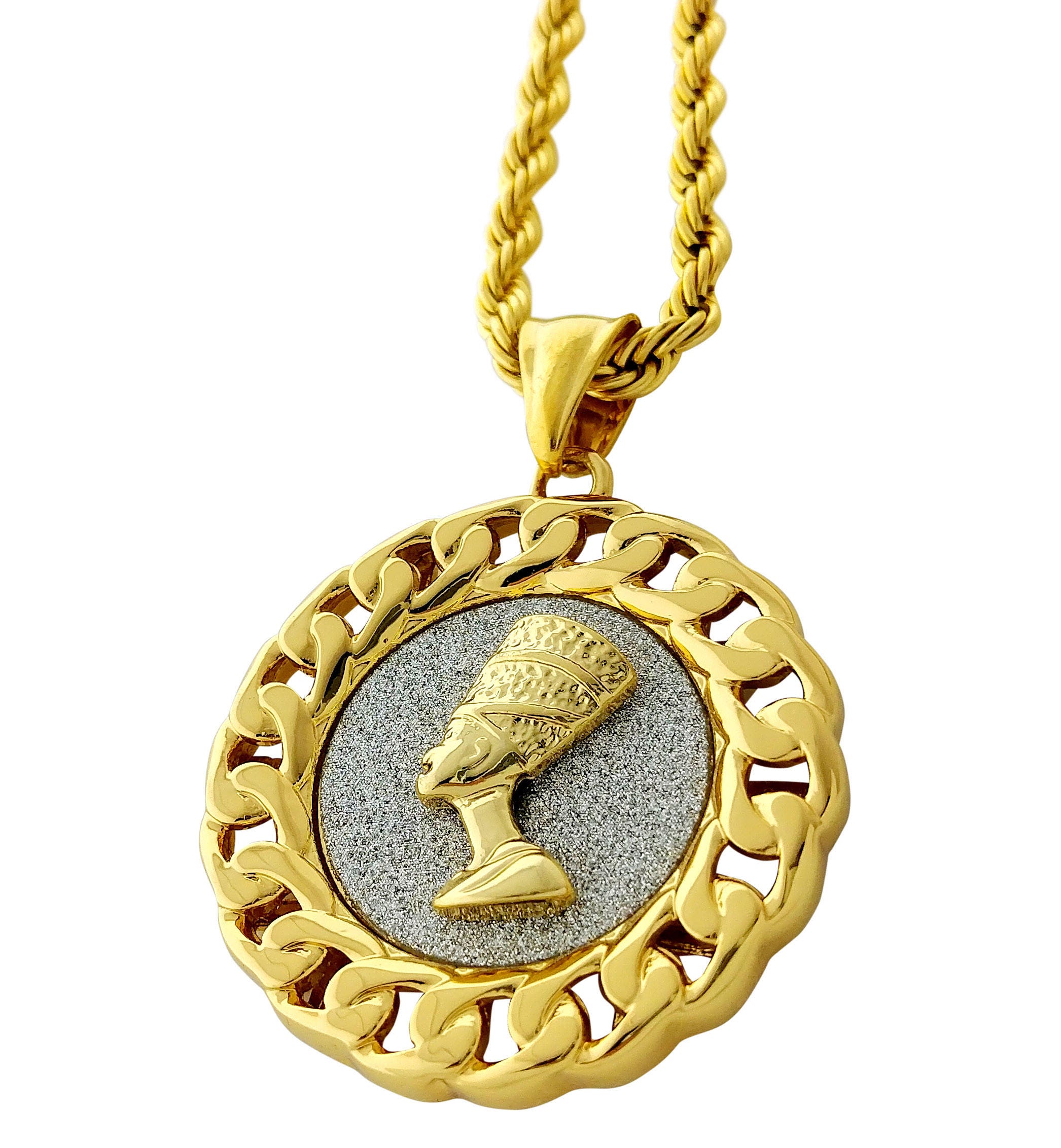 Cuban Link Framed Medallion Pendant Stainless Steel Necklace Etsy