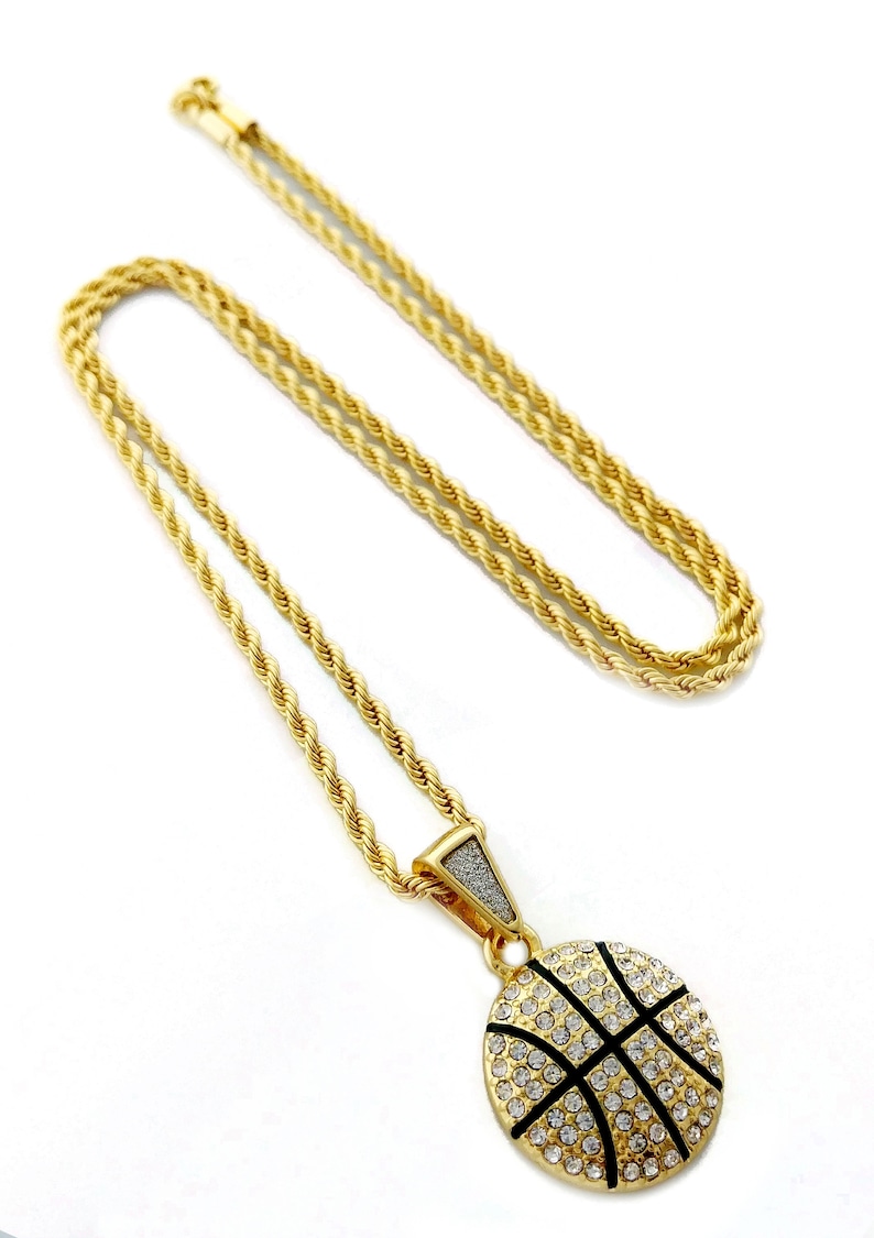 Iced Out Gold Basketball Hoop Pendant Necklace with 24/" Rope Chain