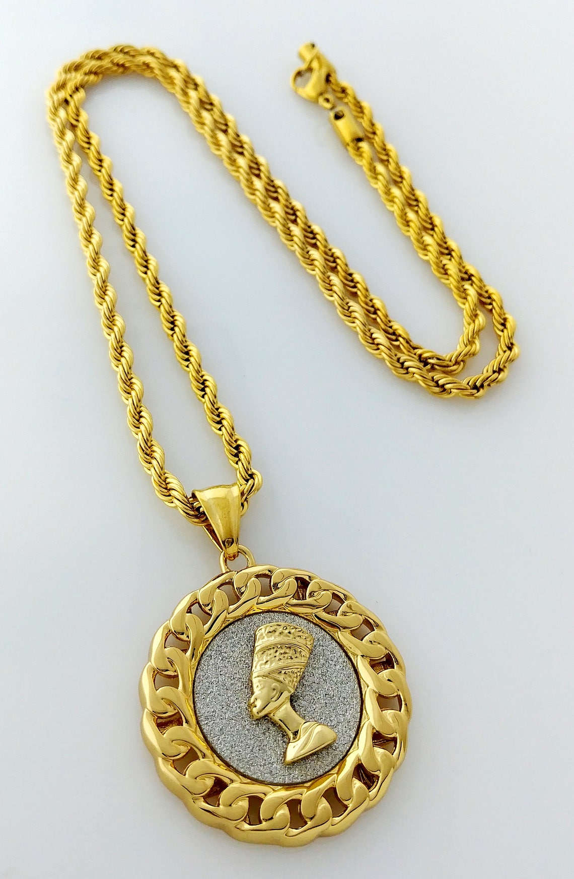 Cuban Link Framed Medallion Pendant Stainless Steel Necklace Etsy