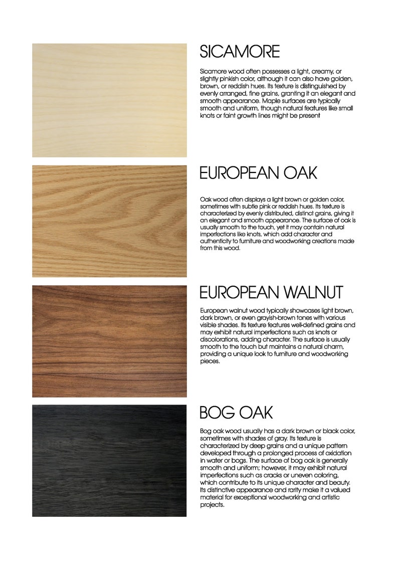 Puede incluir: Una exhibici&oacute;n de cuatro muestras de madera con descripciones. La muestra superior es de color claro, etiquetada como "Sicamore". La segunda es de color marr&oacute;n medio, etiquetada como "European Oak". La tercera es de color marr&oacute;n oscuro, etiquetada como "European Walnut". La inferior es negra, etiquetada como "Bog Oak".