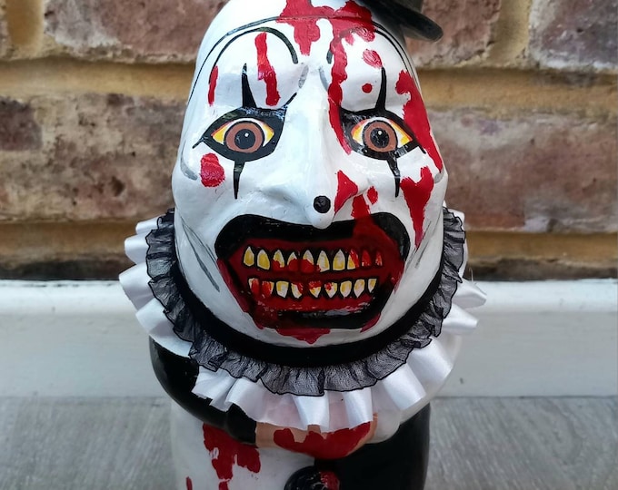 The terrifying clown scary hand painted garden gnome.