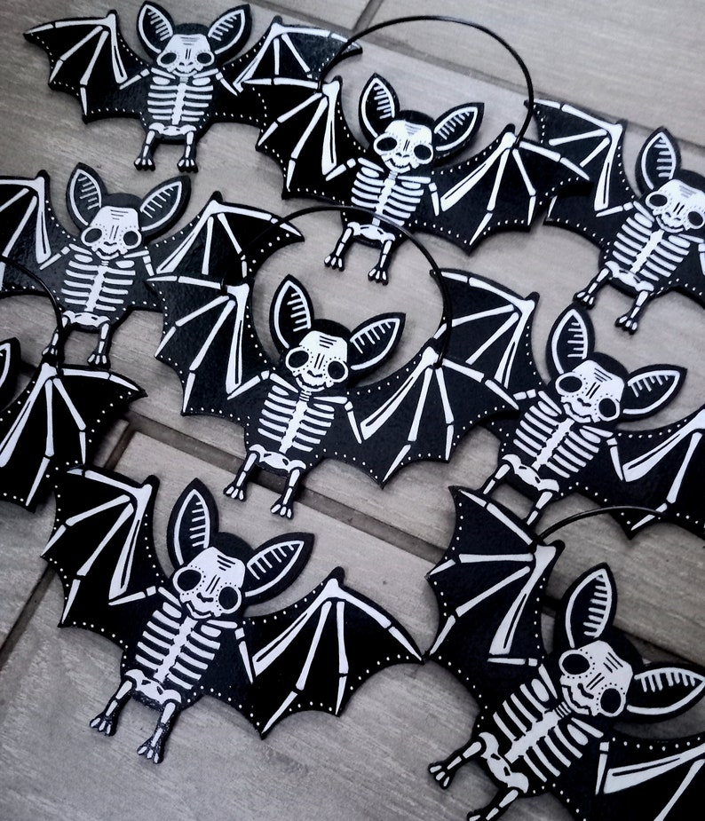 Small wooden hand-painted spooky skeleton bats & magnets hanging decorations 15 X 7cm. Halloween Horror image 1