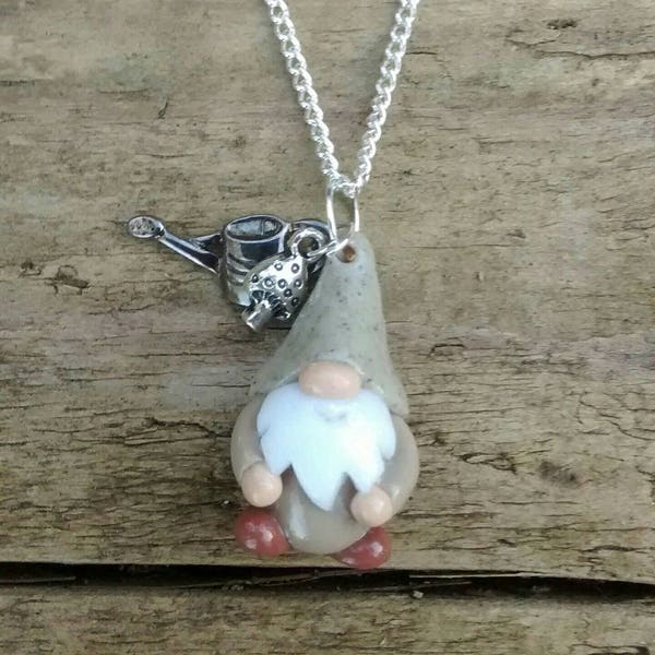 Tiny little 3cm Gnome pendant with toadstool charm. Pebble/Grey