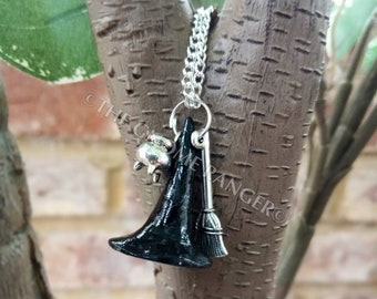 Handmade miniature Witches hat pendants with charms Spooky cute Halloween Gothic necklace