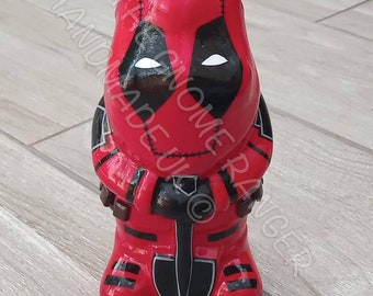 Custom Deadpool style Marvel Superhero unique hand painted garden gnome