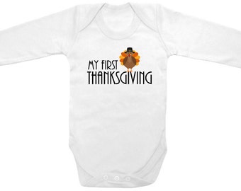 Long sleeve My first thanksgiving turkey baby cute funny printed on The Laughing Giraffe 7.5 oz baby outfit one piece