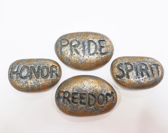 Freedom Spirit Pride Honor inspirational concrete rocks - Fairy garden Miniatures - Fairy garden accessories - Garden decor - Fairy rocks