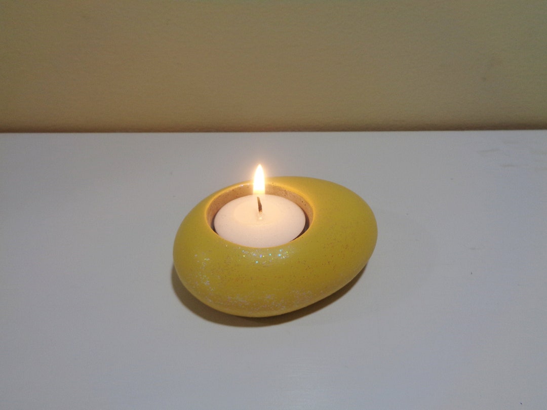 Concrete tea light candle holder Yellow candle Oblong candle holder