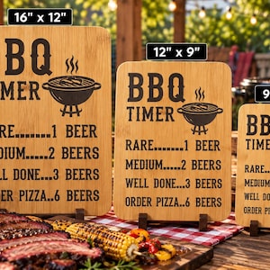 May include: Three rectangular bamboo cutting boards with black laser-engraved text reading BBQ TIMER, listing cooking levels from rare to well done with beer counts. Sizes are 16 by 12 inches, 12 by 9 inches, and 9 by 6 inches respectively.