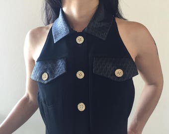 David R Zyla Halter Quilted Pattern Collar Flap Pockets Rhinestone Buttons Full Length Dress