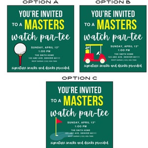 Op de afbeelding: Drie verschillende uitnodigingsontwerpen voor een Masters-kijkfeest. Elk ontwerp heeft een groene achtergrond met witte tekst die zegt "Je bent uitgenodigd voor een Masters-kijkfeest". De ontwerpen bevatten verschillende golf-iconen: een golfbal, een golfkar en een golfvlag.