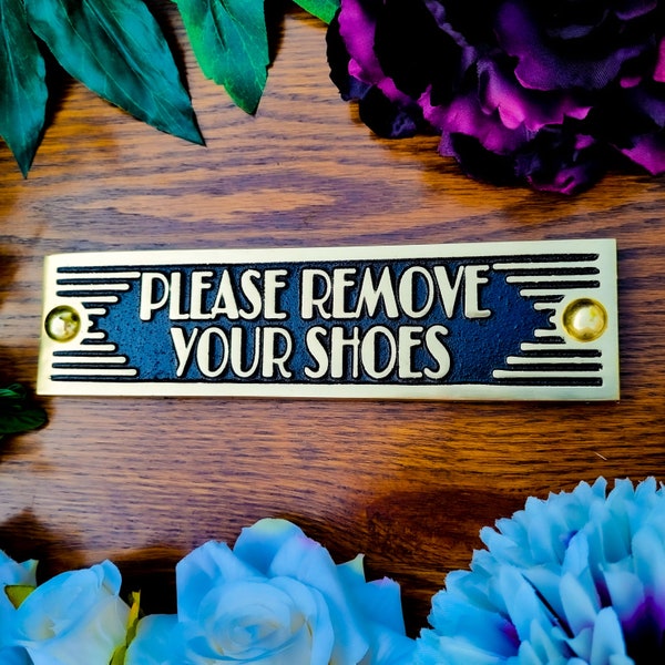 Please Remove Your Shoes Door Sign By TheMetalFoundry • Brass Or Aluminium House Art Deco Door Plaque • Information Metal Wall Plaque