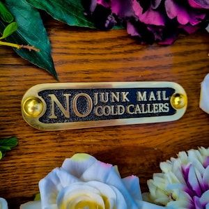 No Junk Mail/Cold Calling Door Sign By TheMetalFoundry • Brass House Door Sign Plaque • Stylish Information Metal Wall Plaque